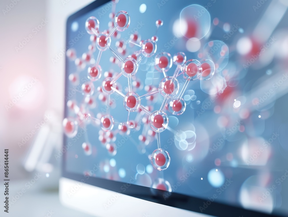 Digital representation of red and white molecules on a computer screen, emphasizing modern technology and scientific research. Digital representation of red and white molecules on a computer screen, emphasizing modern technology and scientific research.