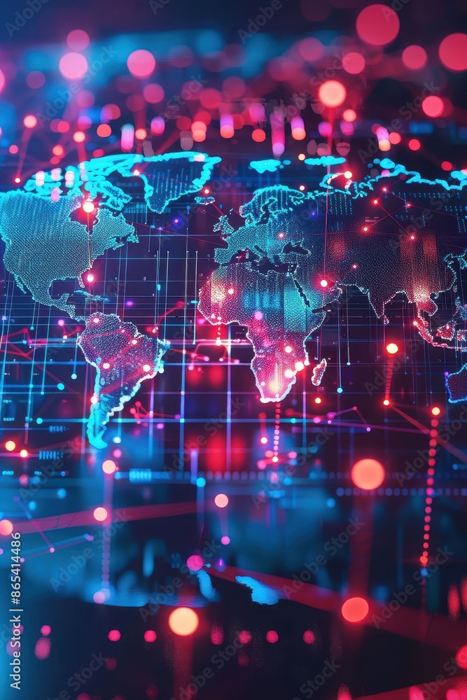Glowing digital world map with neon connectivity lines Glowing digital world map with neon connectivity lines