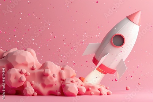 A paper rocket floating in the air, with a pink background  