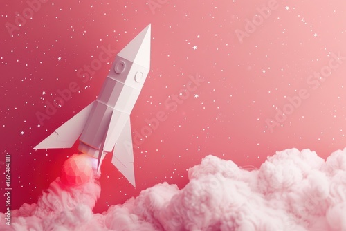 A paper rocket floating in the air, with a pink background  