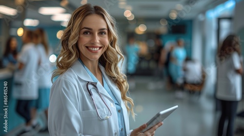 Portrait of a young doctor holding a clipboard, wearing a white coat,