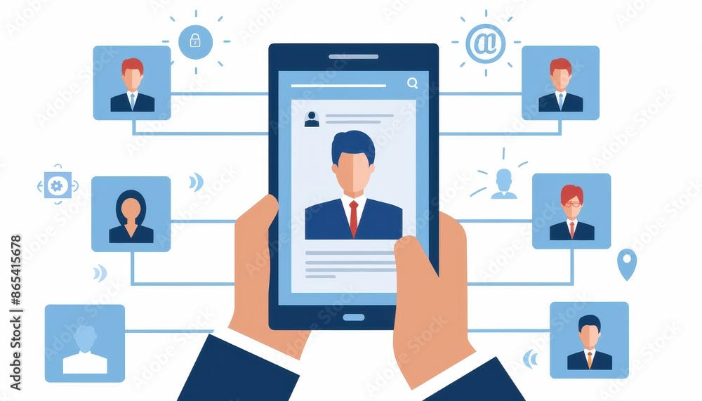 Business networking concept illustration showing hands holding a device displaying a professional profile connected to various users. Business networking concept illustration showing hands holding a device displaying a professional profile connected to various users.