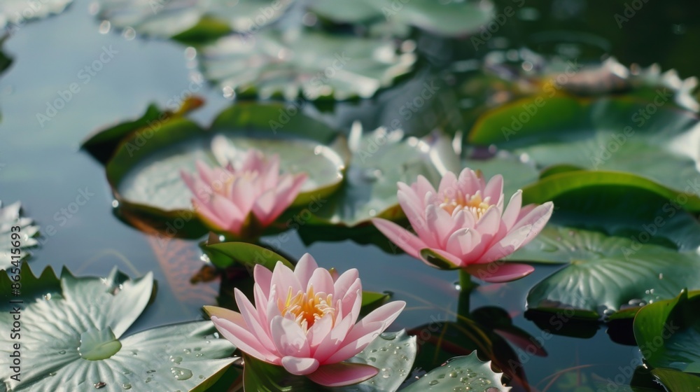 Water lily in a pond with lily pads. Water flowers Nymphaea with green leaves in the lake Water lily in a pond with lily pads. Water flowers Nymphaea with green leaves in the lake