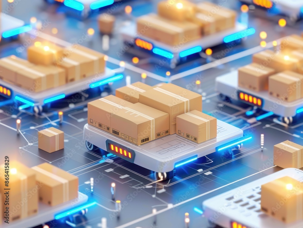 Automated warehouse system with robotic conveyors transporting packages and parcels, enhancing logistics and supply chain efficiency. Automated warehouse system with robotic conveyors transporting packages and parcels, enhancing logistics and supply chain efficiency.