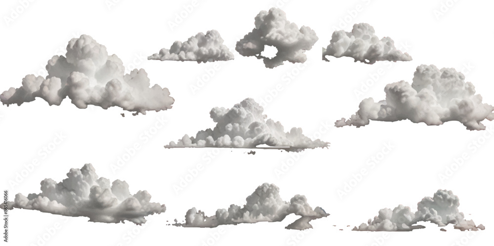 Set of vector clouds or smoke on an isolated transparent background. Vector realistic white soft cutout clean cumulus cloudscape cut out specials fog on transparent background. Set of vector clouds or smoke on an isolated transparent background. Vector realistic white soft cutout clean cumulus cloudscape cut out specials fog on transparent background.