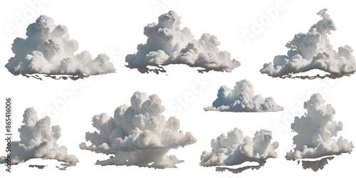 Set of vector clouds or smoke on an isolated transparent background. Vector realistic white soft cutout clean cumulus cloudscape cut out specials fog on transparent background.