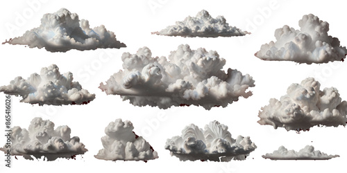 Set of vector clouds or smoke on an isolated transparent background. Vector realistic white soft cutout clean cumulus cloudscape cut out specials fog on transparent background.
