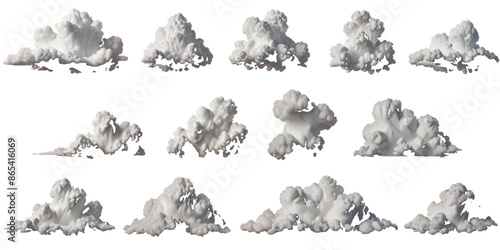 Set of vector clouds or smoke on an isolated transparent background. Vector realistic white soft cutout clean cumulus cloudscape cut out specials fog on transparent background.