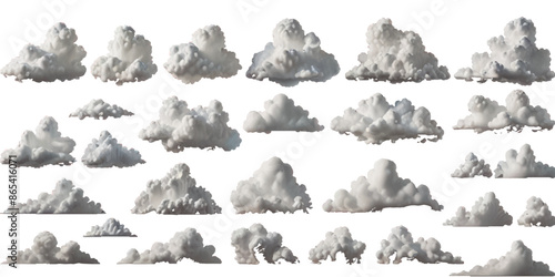 Set of vector clouds or smoke on an isolated transparent background. Vector realistic white soft cutout clean cumulus cloudscape cut out specials fog on transparent background.
