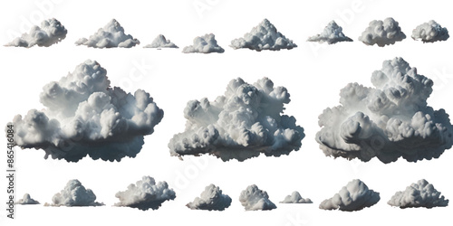 Set of vector clouds or smoke on an isolated transparent background. Vector realistic white soft cutout clean cumulus cloudscape cut out specials fog on transparent background.