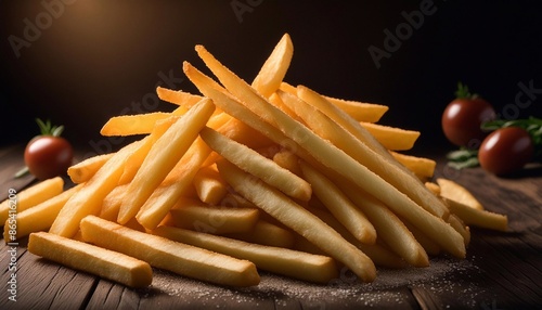 French fries on a dark background with herbs and sauce
