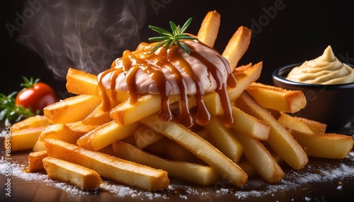 French fries on a dark background with herbs and sauce. fast food concept
