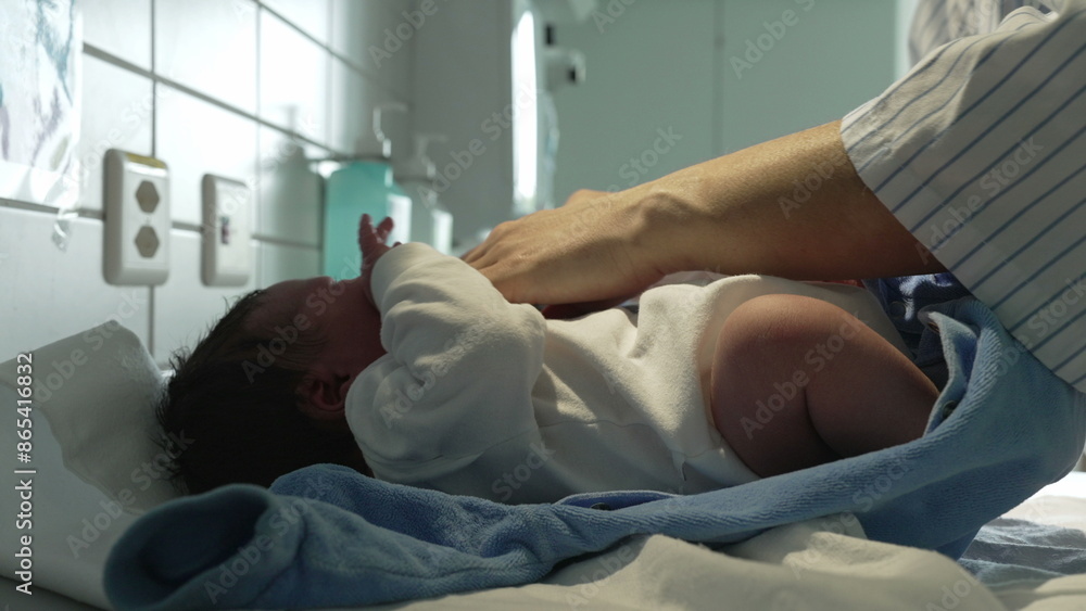 Obraz premium Newborn baby being dressed in a blue onesie in a hospital, showcasing the tender care and warmth given to infants right after birth in a medical setting