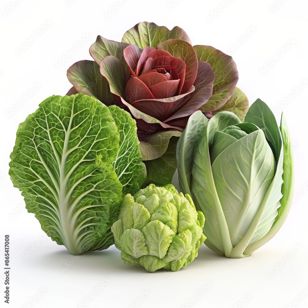 Fototapeta premium Variety of fresh cabbages with detailed textures and vibrant colors. 3D Render.