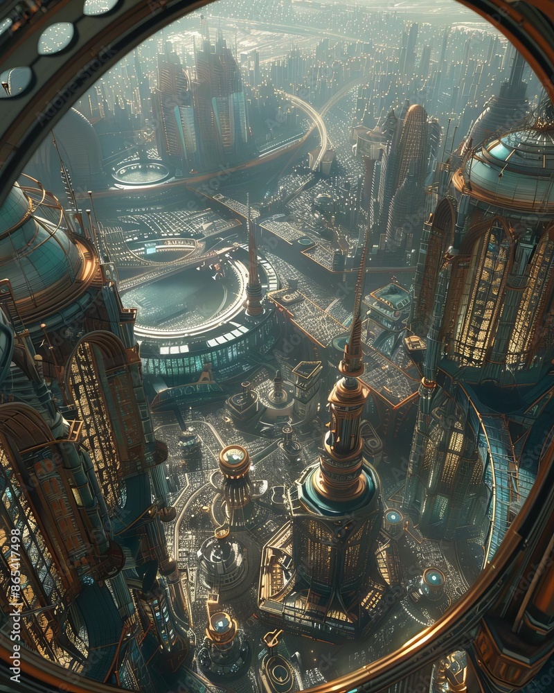 Fototapeta premium Futuristic cityscape with towering skyscrapers, advanced architecture, and high-tech transport system under a clear sky.