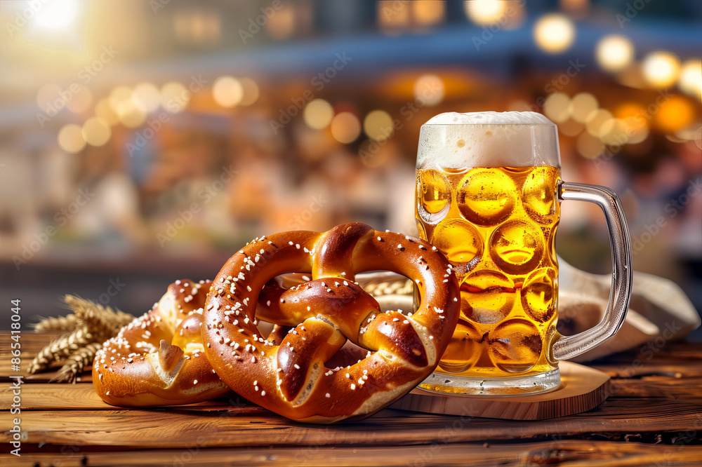 Bavarian Oktoberfest pretzels on wooden table with beer from Germany Bavarian Oktoberfest pretzels on wooden table with beer from Germany