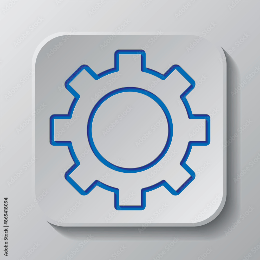 Gear simple icon vector. Flat design. Paper cut design. Cutted blue symbol with shadow. Gray badge button, gray background Gear simple icon vector. Flat design. Paper cut design. Cutted blue symbol with shadow. Gray badge button, gray background