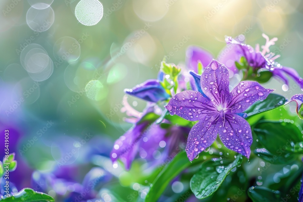 A purple flower with raindrops on it. The flower is surrounded by green leaves. The image has a peaceful and calming mood A purple flower with raindrops on it. The flower is surrounded by green leaves. The image has a peaceful and calming mood