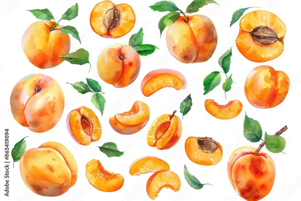 Hand-drawn Watercolor Apricot Set with Fresh Fruit Slices and Leaves Isolated on White Background Hand-drawn Watercolor Apricot Set with Fresh Fruit Slices and Leaves Isolated on White Background