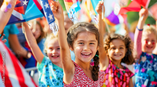 Children waving flags and cheering at a parade, celebrating with joy and excitement during a festive event. photo