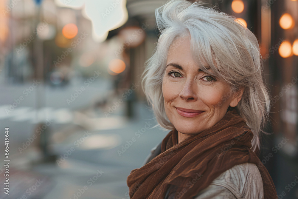 Beautiful elderly woman in her 50s or 60s with youthful appearance with gray hair with blurry stret background. Beautiful elderly woman in her 50s or 60s with youthful appearance with gray hair with blurry stret background.