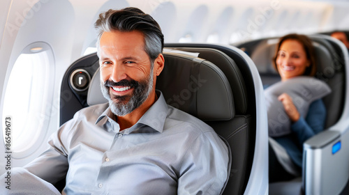 Smiling middle-aged man sitting in an airplane seat with a gray U-shaped neck pillow, looking forward with a happy expression during a flight. photo