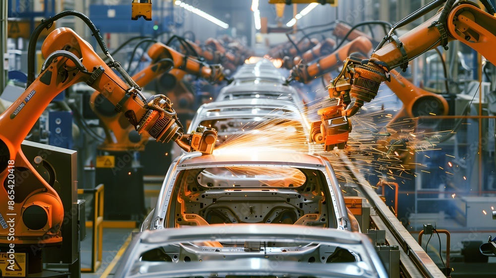 A car is being built in a factory with robots A car is being built in a factory with robots