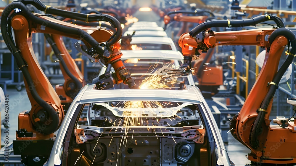 A car is being built in a factory with robots A car is being built in a factory with robots
