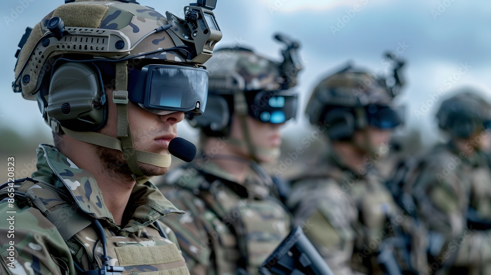 A group of soldiers wearing helmets and vests are sitting in a forest. Scene is serious and focused, as the soldiers are likely preparing for a mission or training exercise A group of soldiers wearing helmets and vests are sitting in a forest. Scene is serious and focused, as the soldiers are likely preparing for a mission or training exercise