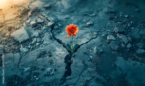 A lone, vibrant flower pushing through cracked concrete in a desolate landscape, symbolizing hope and resilience amidst devastation. The photo captures beauty rising from the ashes.