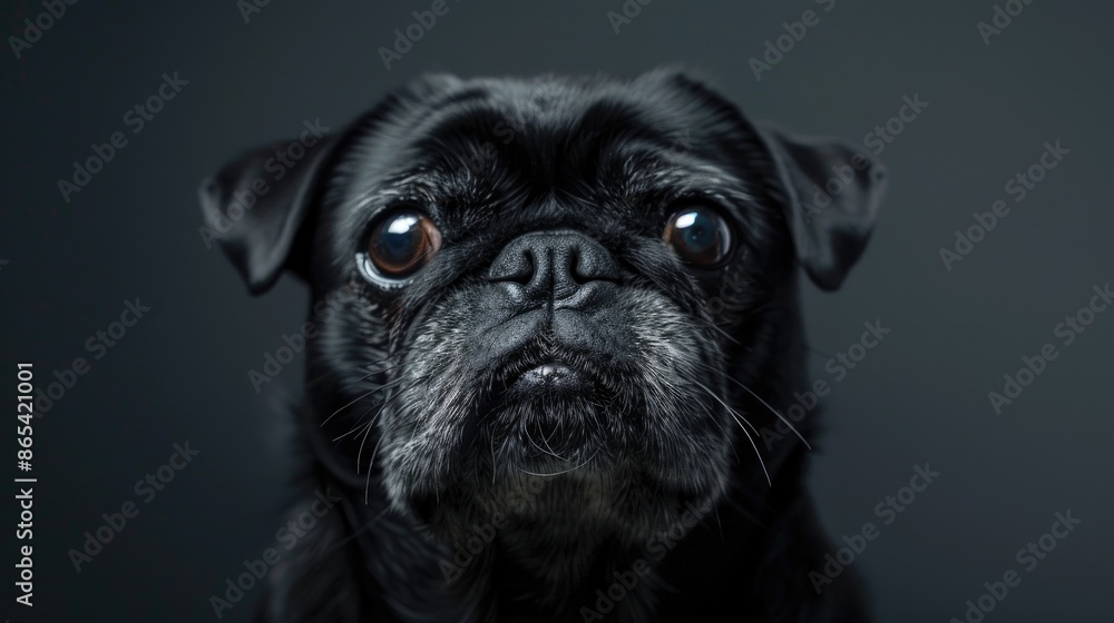 Black pug with grey hair in studio portrait Black pug with grey hair in studio portrait