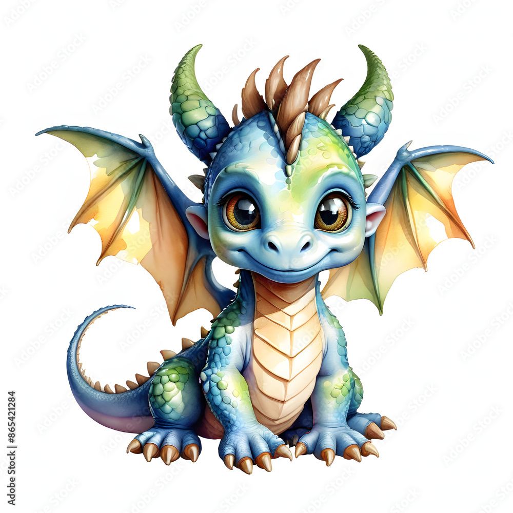 Fototapeta premium Watercolor clip of a cute little dragon on a white isolated background.