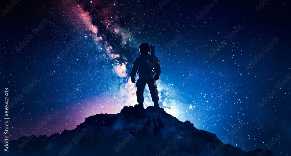 Obraz premium Astronaut silhouetted against a starry sky, gazing upon the Milky Way and vibrant galaxies. Awe-inspiring astronomical scene.