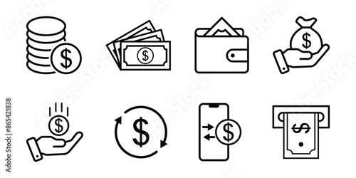 money icon set. containing cash, saving, wallet, transfer, withdraw icons. finance symbol for app, ui, website and design element. transparent png and vector illustration.