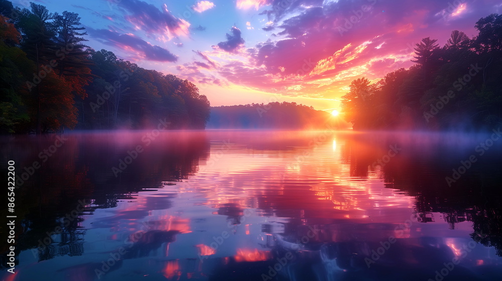 Obraz premium Mist rising from a lake at sunset with colorful reflections