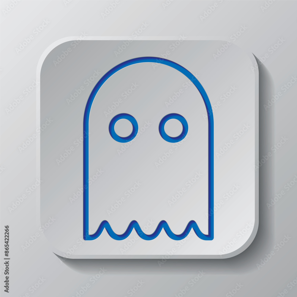 Ghost simple icon. Flat design. Paper cut design. Cutted blue symbol with shadow. Gray badge button, gray background Ghost simple icon. Flat design. Paper cut design. Cutted blue symbol with shadow. Gray badge button, gray background