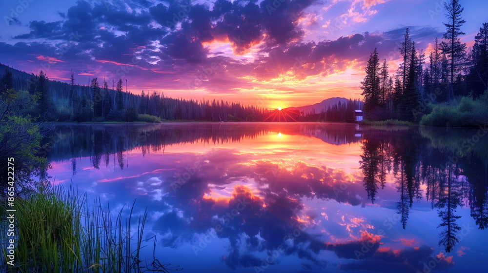 Fototapeta premium A distant lighthouse reflected in a tranquil lake at sunset