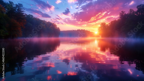 Mist rising from a lake at sunset with colorful reflections