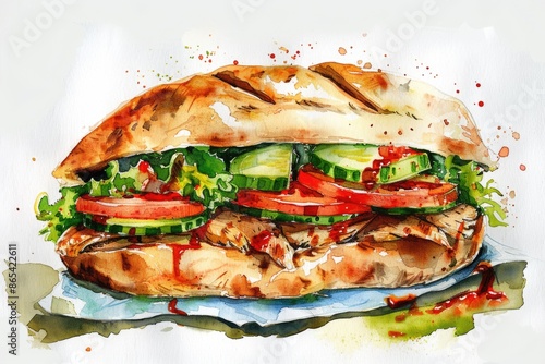 Wallpaper Mural Vibrant Watercolor Illustration of Turkish Doner Kebab on Pita Bread with Grilled Meat and Fresh Vegetables Torontodigital.ca