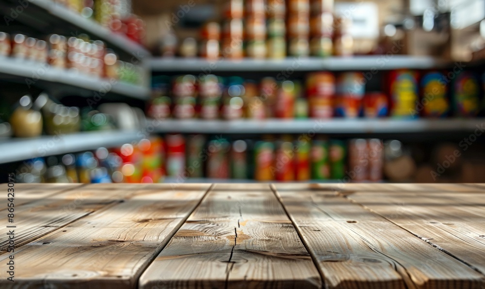 mockup Empty wooden table against the blurred background of the modern kitchen or cellar with shelves on which there are cans of canned vegetables, mushrooms and jam. The concept of autumn harvesting. mockup Empty wooden table against the blurred background of the modern kitchen or cellar with shelves on which there are cans of canned vegetables, mushrooms and jam. The concept of autumn harvesting.