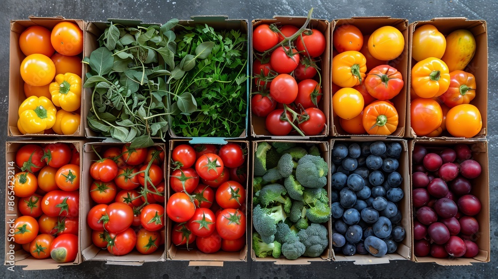 A colorful array of fresh fruits and vegetables arranged in neat compartments. Includes varieties of tomatoes, bell peppers, leafy greens, broccoli, and plums or berries. A colorful array of fresh fruits and vegetables arranged in neat compartments. Includes varieties of tomatoes, bell peppers, leafy greens, broccoli, and plums or berries.