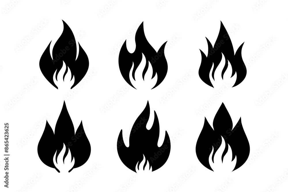 A collection of black fire flame silhouettes against a white backdrop A collection of black fire flame silhouettes against a white backdrop