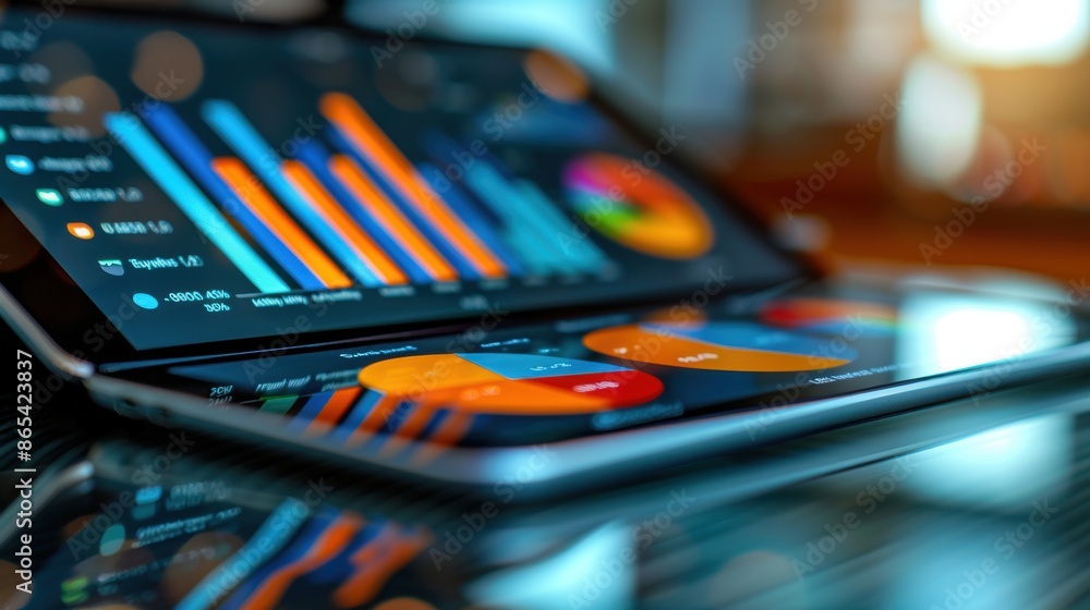 A close-up of a tablet displaying a business analytics dashboard, resting on a glass desk. A close-up of a tablet displaying a business analytics dashboard, resting on a glass desk.