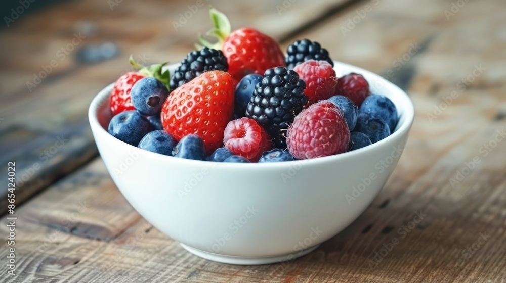 Assortment of berries in a white bowl on a wooden surface Assortment of berries in a white bowl on a wooden surface