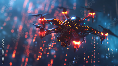 A futuristic drone with glowing lights flies through a digital rain of data.