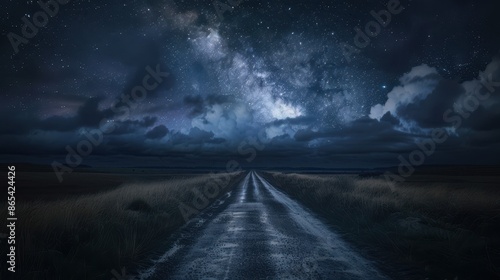 Lonely illuminated road leading through dark cloudy night with stars 