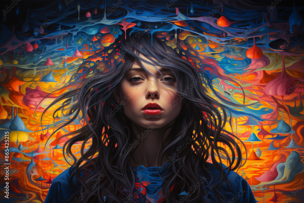 A beautiful woman with long black hair and red lips is standing in front of a colorful abstract background.