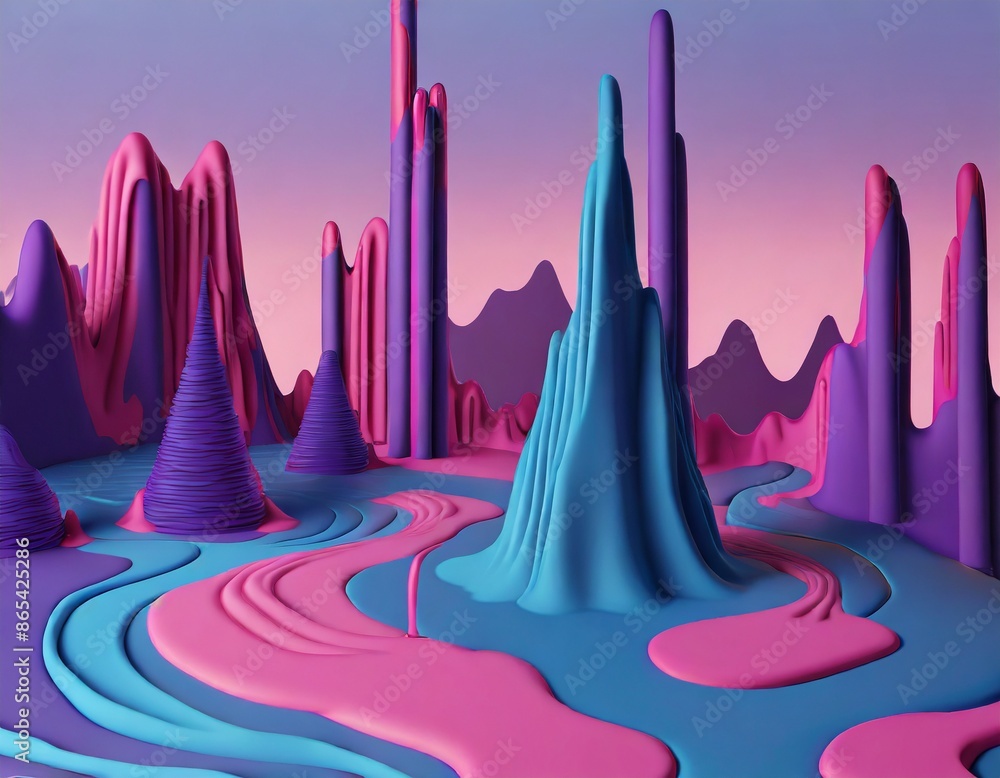 Clay contemporary landscape with mountains, pink and blue colors decorative art with copy space Clay contemporary landscape with mountains, pink and blue colors decorative art with copy space