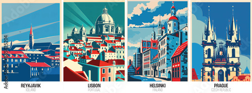 Set of european city posters including reykjavik lisbon helsinki prague