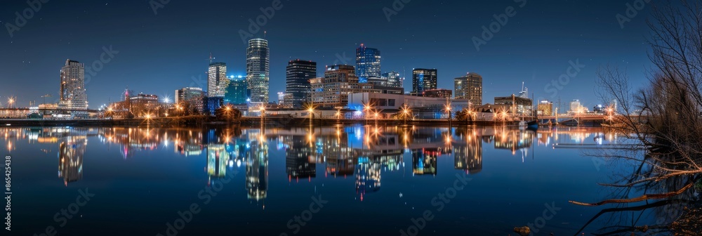 Nighttime Cityscape with Reflections on Water Nighttime Cityscape with Reflections on Water